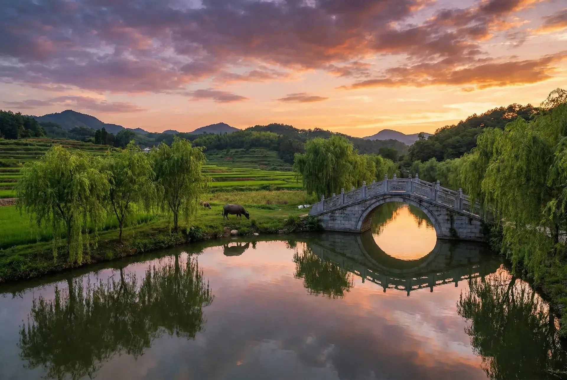夕阳下的石拱桥与垂柳，水牛在河边吃草 - 松田雅美 乡村美景